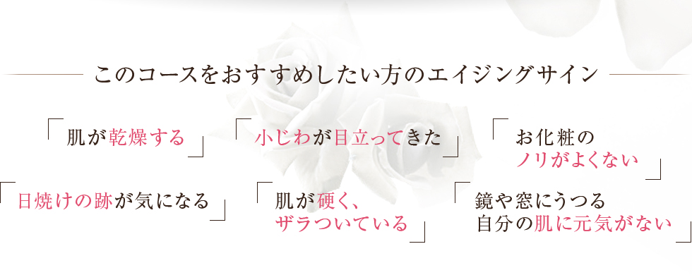 このコースをおすすめしたい方のエイジングサイン肌が乾燥する小じわが目立ってきたお化粧のノリがよくない日焼けの跡が気になる肌が硬く、ザラついている鏡や窓にうつる自分の肌に元気がない