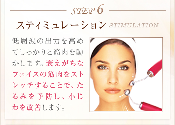 STEP6スティミュレーションSTIMULATION低周波の出力を高めてしっかりと筋肉を動かします。衰えがちなフェイスの筋肉をストレッチすることで、たるみを予防し、小じわを改善します。