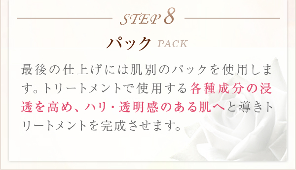 STEP8パックPACK最後の仕上げには肌別のパックを使用します。トリートメントで使用する各種成分の浸透を高め、ハリ・透明感のある肌へと導きトリートメントを完成させます。